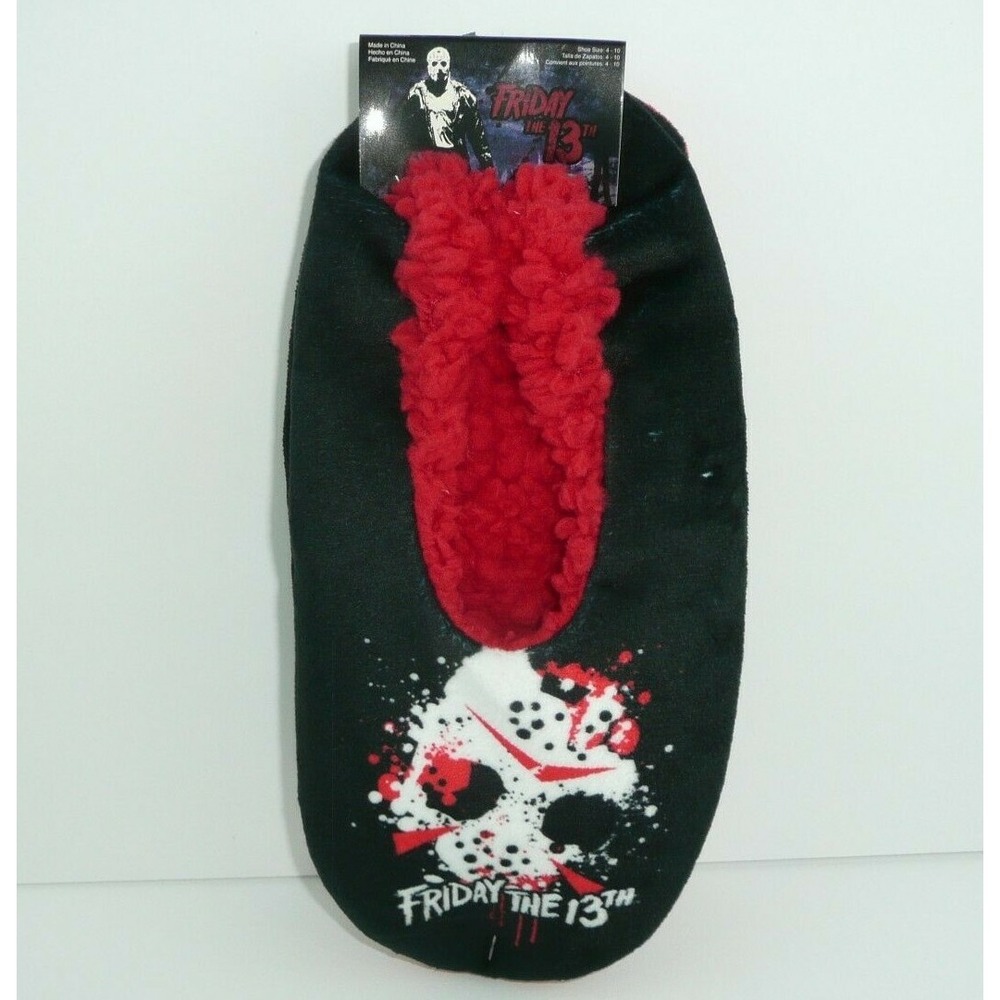 Friday the 13th Slipper Socks Jason Women's Fuzzy Warm Cozy Black & Red Horror
